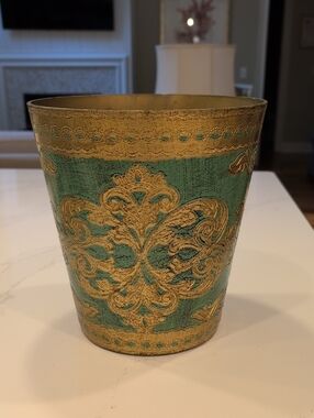 Decorative Florentine Gold and Green Embossed Wastebasket Made in Italy Vintage
